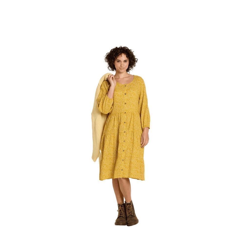Toad&Co Manzana Tiered Long-Sleeve Dress. Yellow with Black Flowers. Size XS